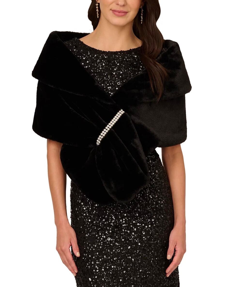Adrianna Papell Black Faux Fur Shoulder Wrap Stole with Pearl Accent One Size